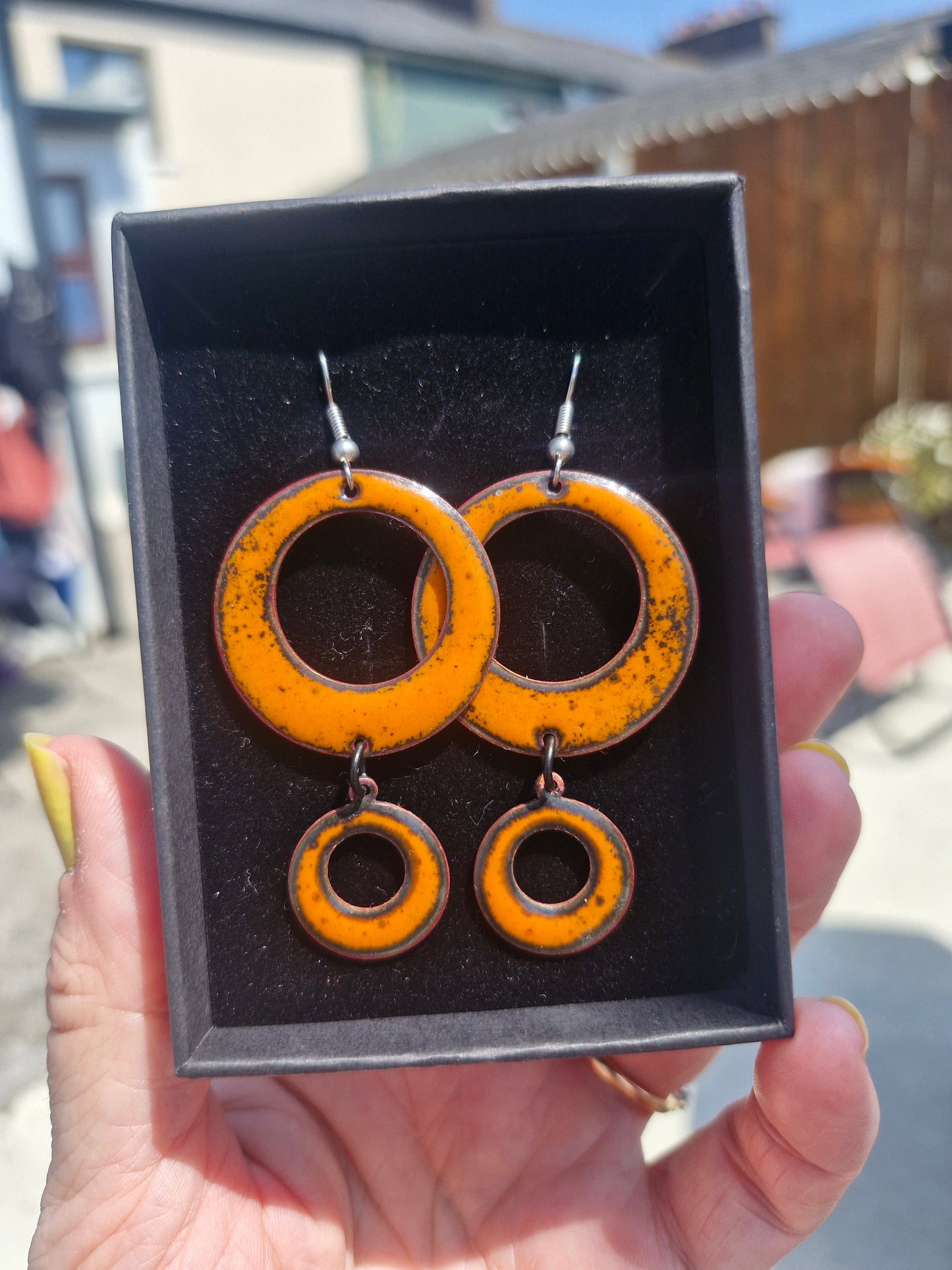 Fiesta - Copper Enamel Drop Earrings | Orange Flame | Handmade in Ireland
