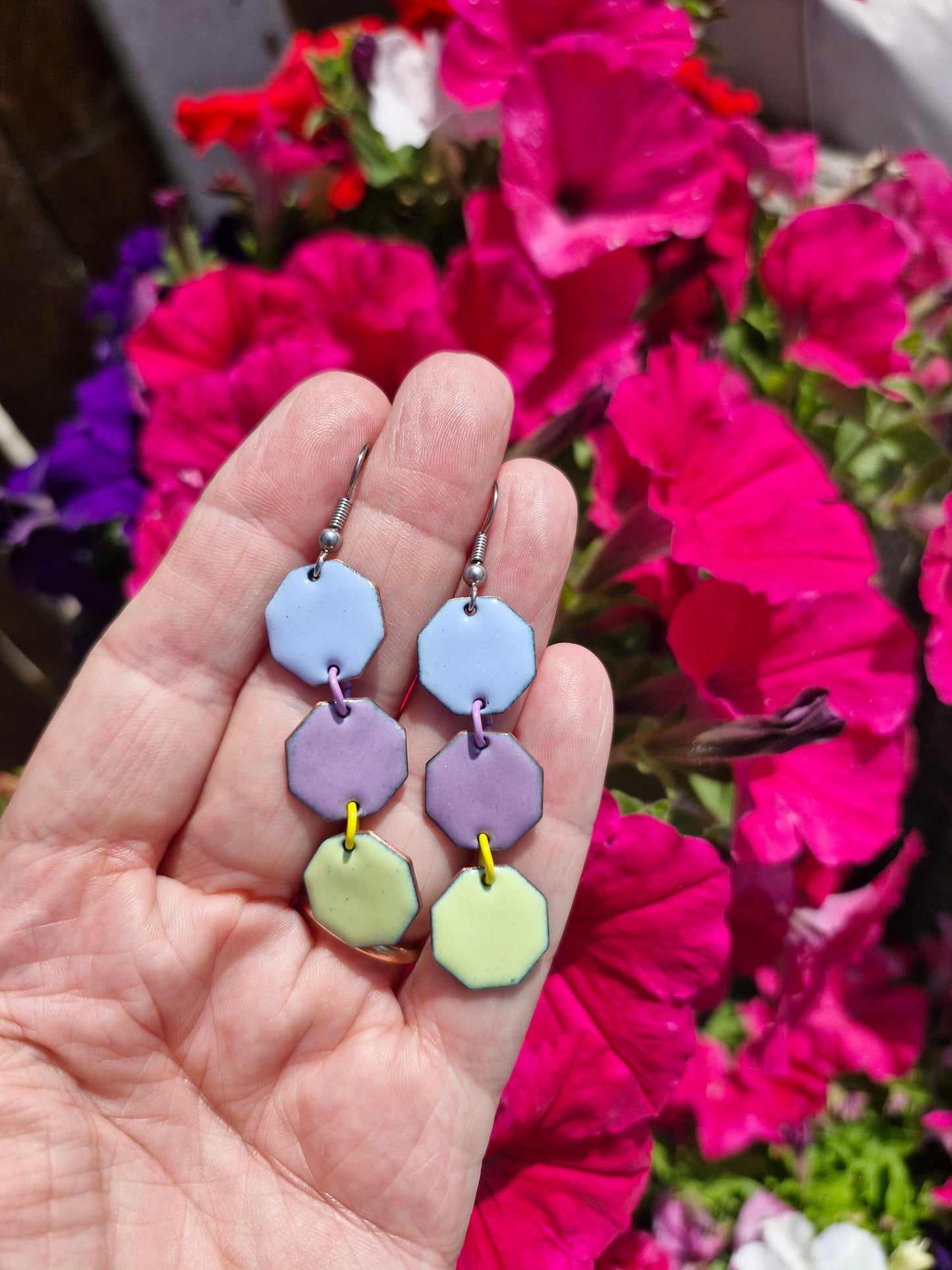 Garden Party - Copper Enamel Drop Earrings | Lavender, Spring Green & Mauve | Handmade in Ireland
