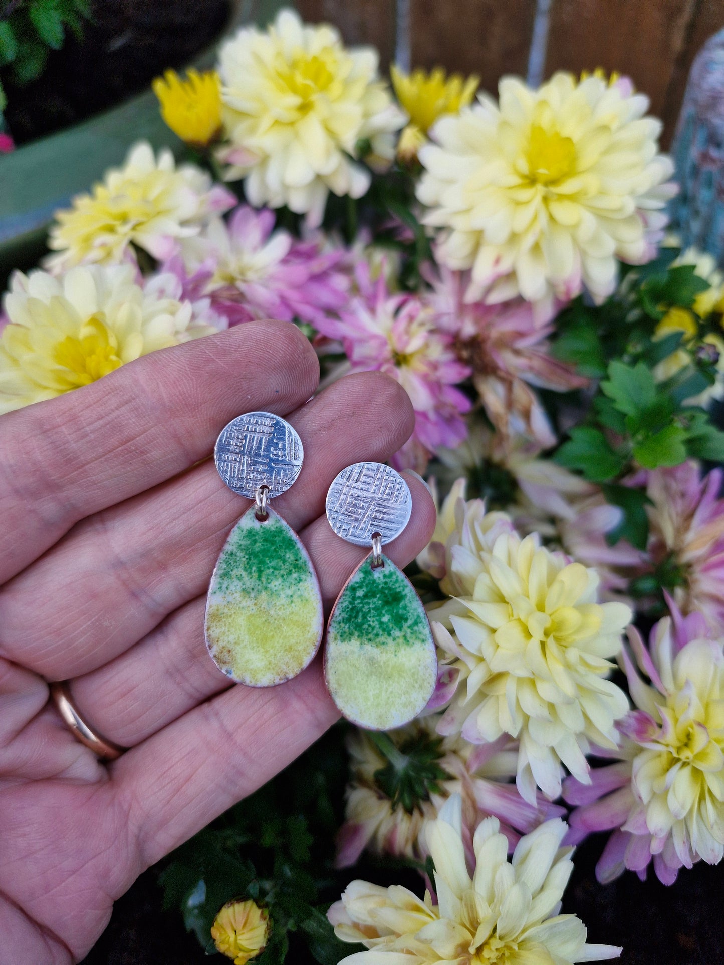 Handmade Irish Jewellery | Hand Crafted Textile Sterling Silver Posts & Enamel Teardrop Earrings