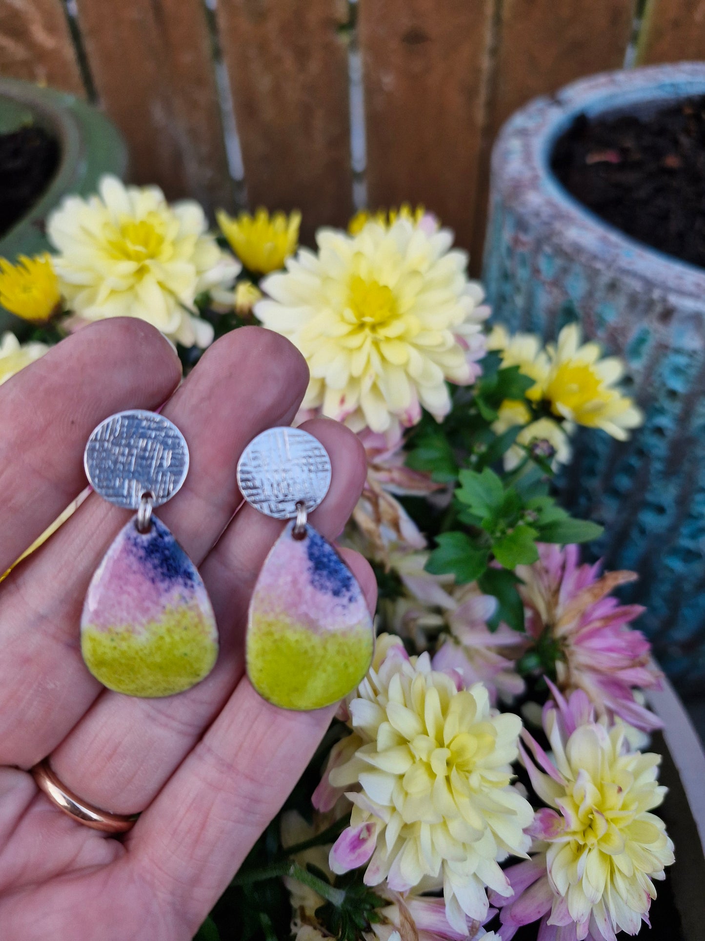 Handmade Irish Jewellery | Hand Crafted Textile Sterling Silver Posts & Enamel Teardrop Earrings