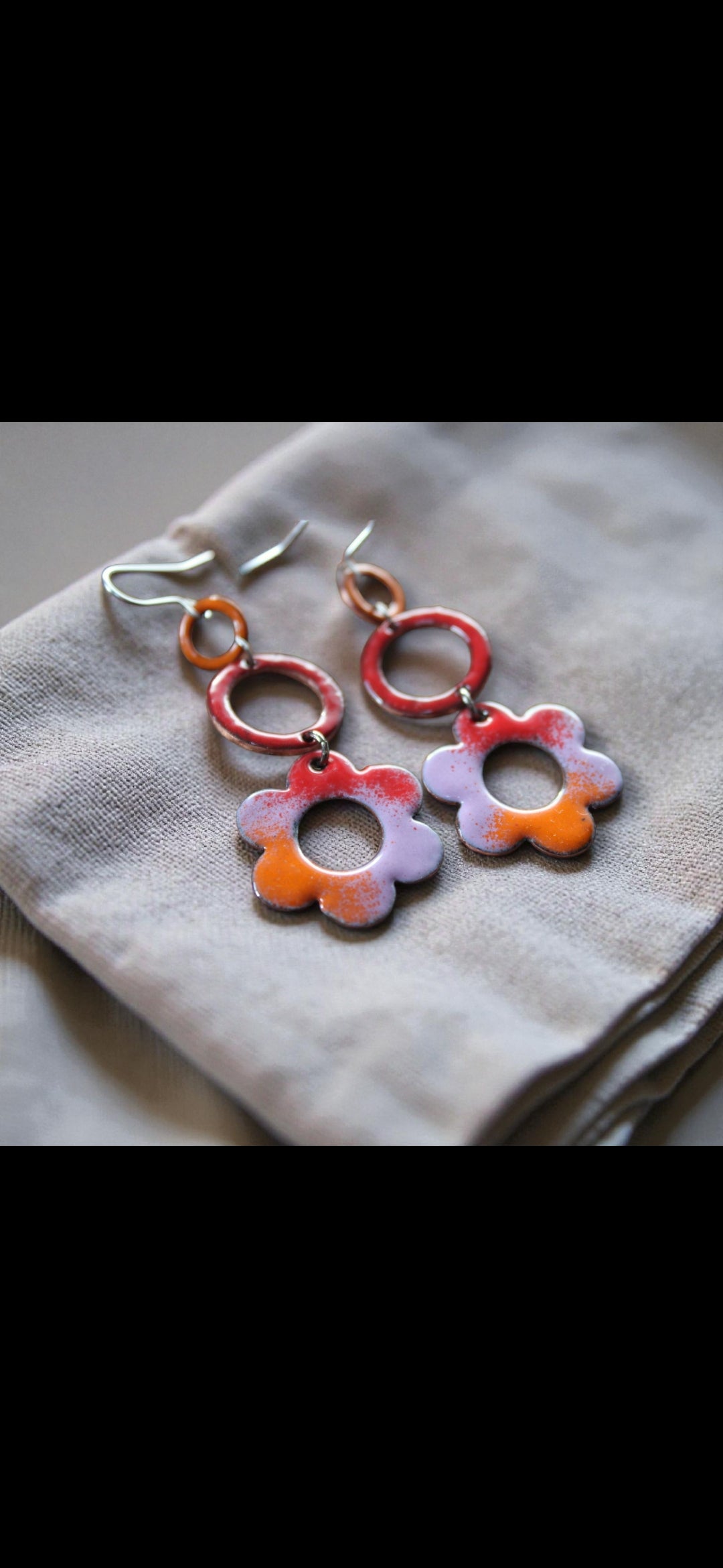 Daisy Enamel Drop Earrings | Red Orange Lilac Copper Enamel Flower Earrings | Handmade Irish Jewellery
