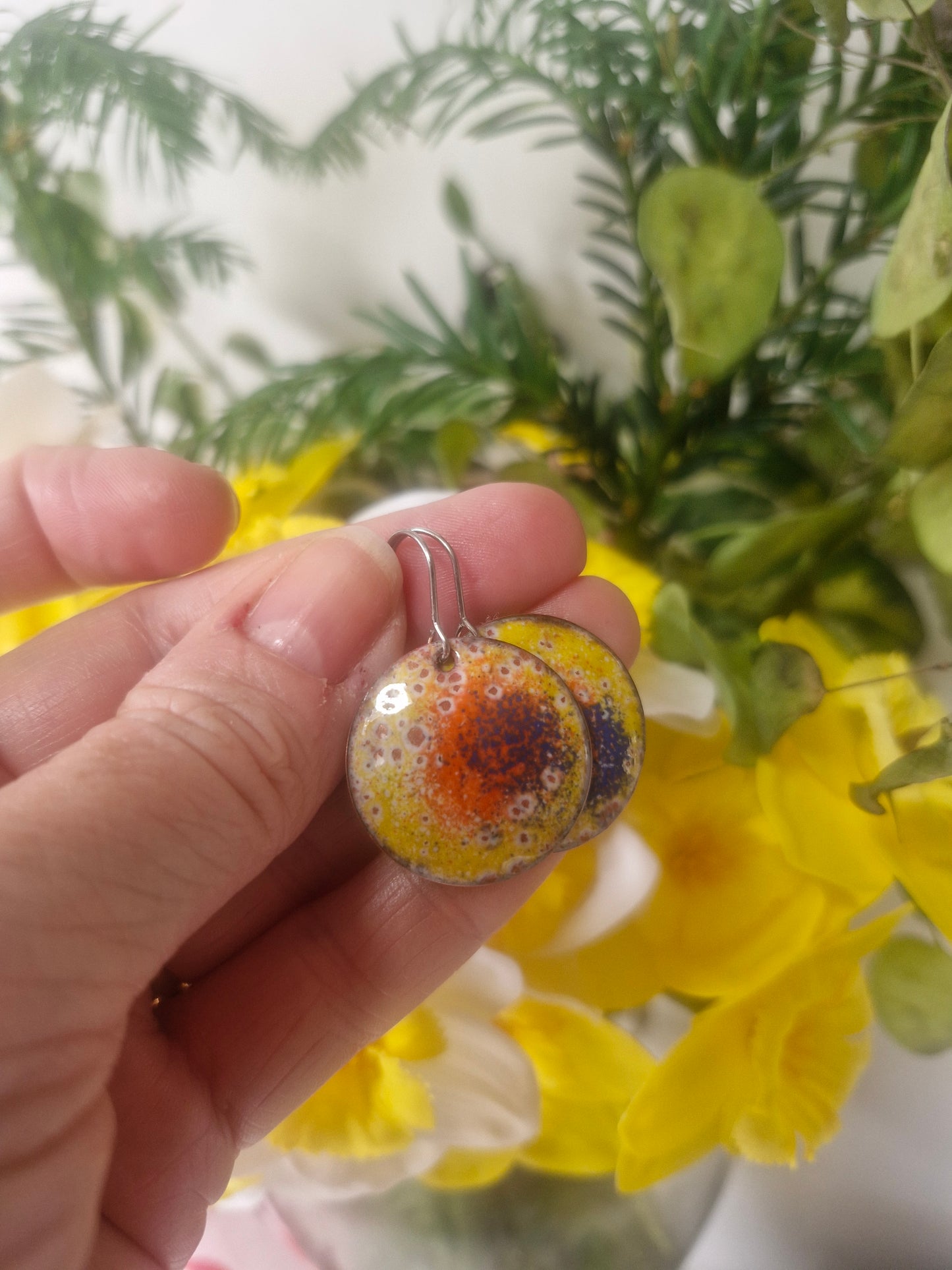 Batik-Inspired Disc Earrings | Yellow Orange Blue Enamel Copper Earrings | Handmade Irish Jewellery