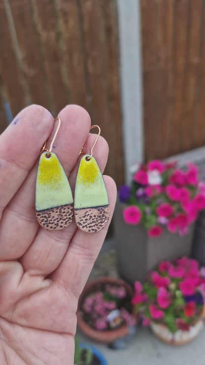 Handmade Irish Jewellery – Marigold Enamel Copper Earrings, Yellow & Green Teardrop Drops