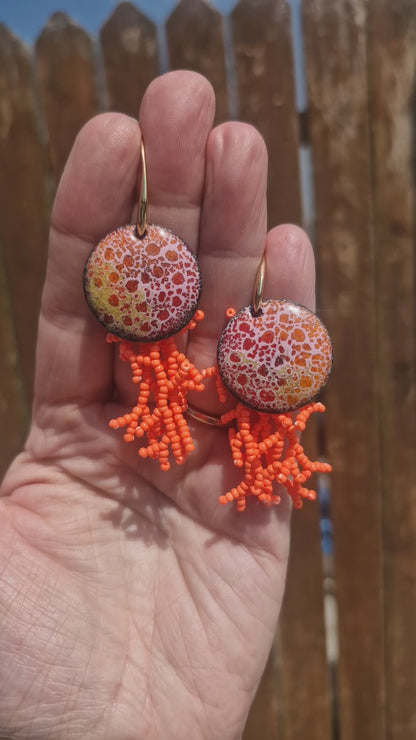 Coral Reef - Copper Enamel Drop Earrings |  Coral | Handmade in Ireland