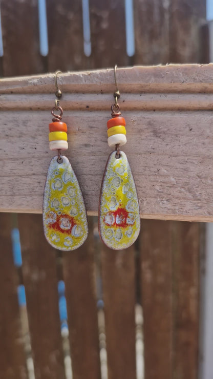 Élise - Copper Enamel Drop Earrings | Ivory, Red & Buttercup Yellow | Handmade in Ireland