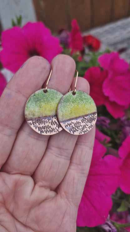 Móinéar Enamel Copper Earrings, Green & Yellow Textured Drops
