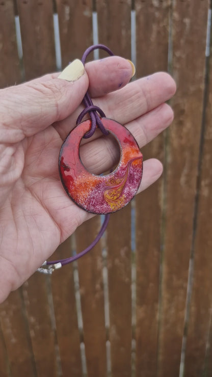 Handmade Irish Jewellery – Céilí Enamel Copper Pendant Necklace, Red & Pink Sunset