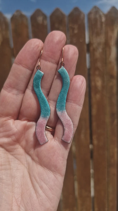 Wave - Copper Enamel Drop Earrings |  Turquoise and Pink | Handmade in Ireland