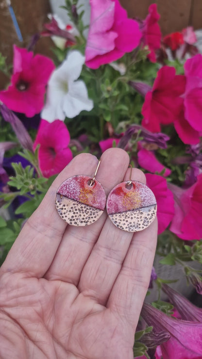Handmade Irish Jewellery – Luisne Enamel Copper Earrings, Pink & Red Sunset Drops