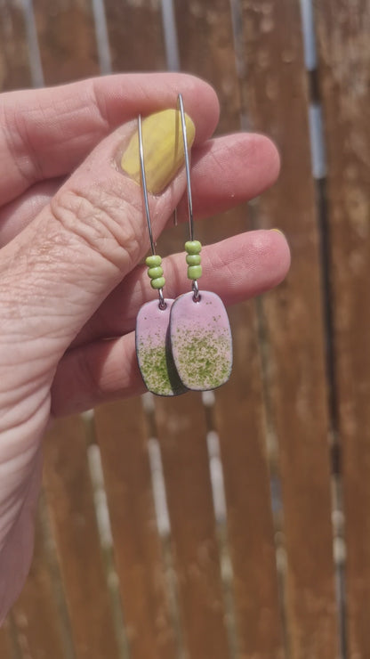 Lichen |Copper Enamel Drop Earrings | Pink & Green Speckled Handmade Earrings | Handmade in Ireland