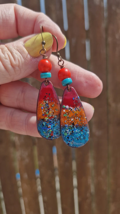 Lumi Élise - Copper Enamel Drop Earrings | Red, Orange & Teal Blue | Handmade in Ireland