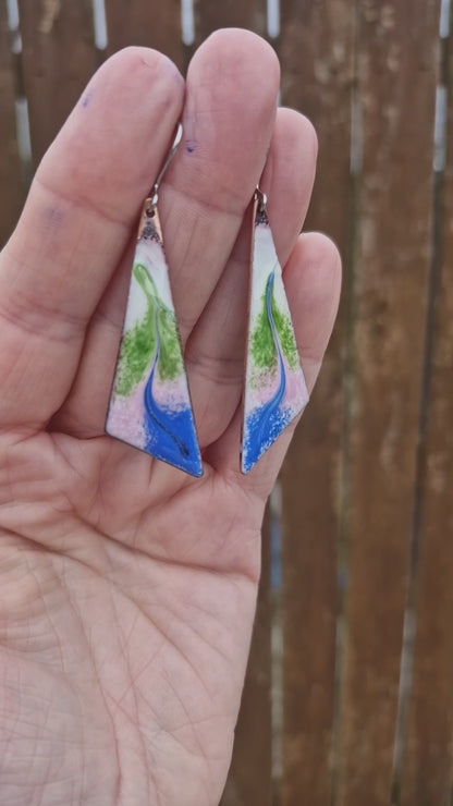 Handmade Irish Jewellery – Sonas Enamel Copper Earrings, Blue & Green Kite Drops