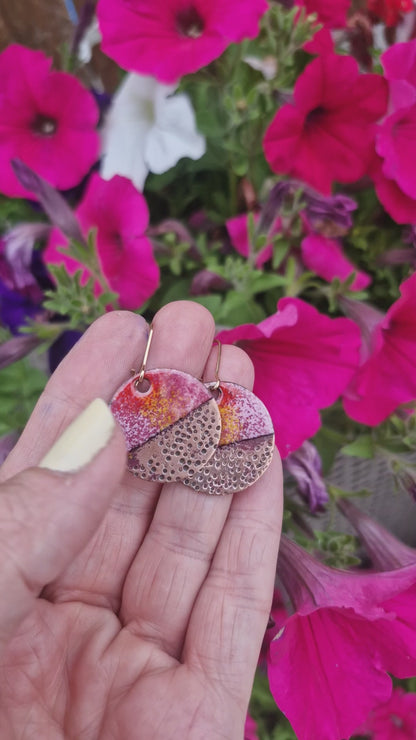 Handmade Irish Jewellery – Luisne Enamel Copper Earrings, Pink & Red Sunset Drops