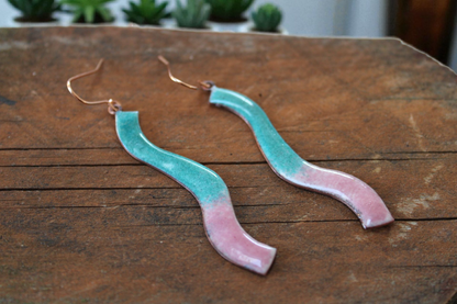 Wave - Copper Enamel Drop Earrings |  Turquoise and Pink | Handmade in Ireland