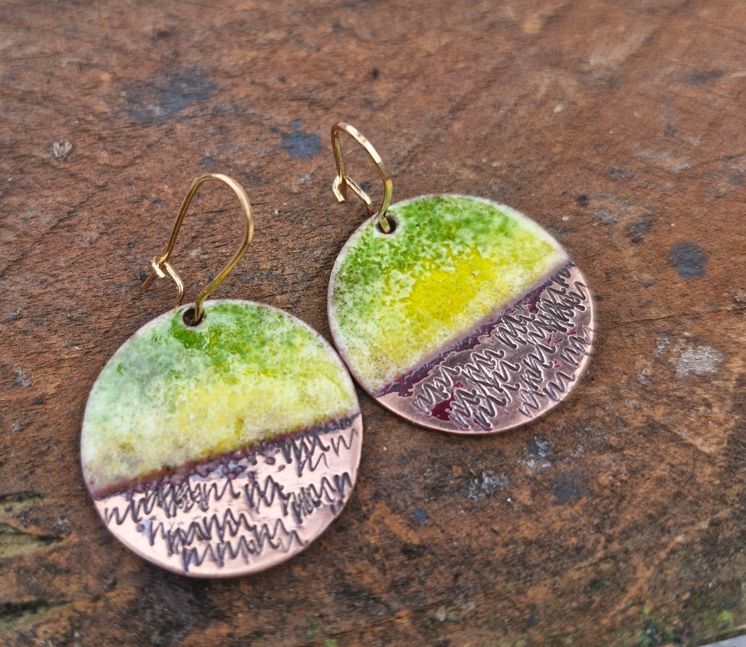 Móinéar Enamel Copper Earrings, Green & Yellow Textured Drops