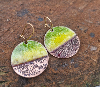 Móinéar Enamel Copper Earrings, Green & Yellow Textured Drops