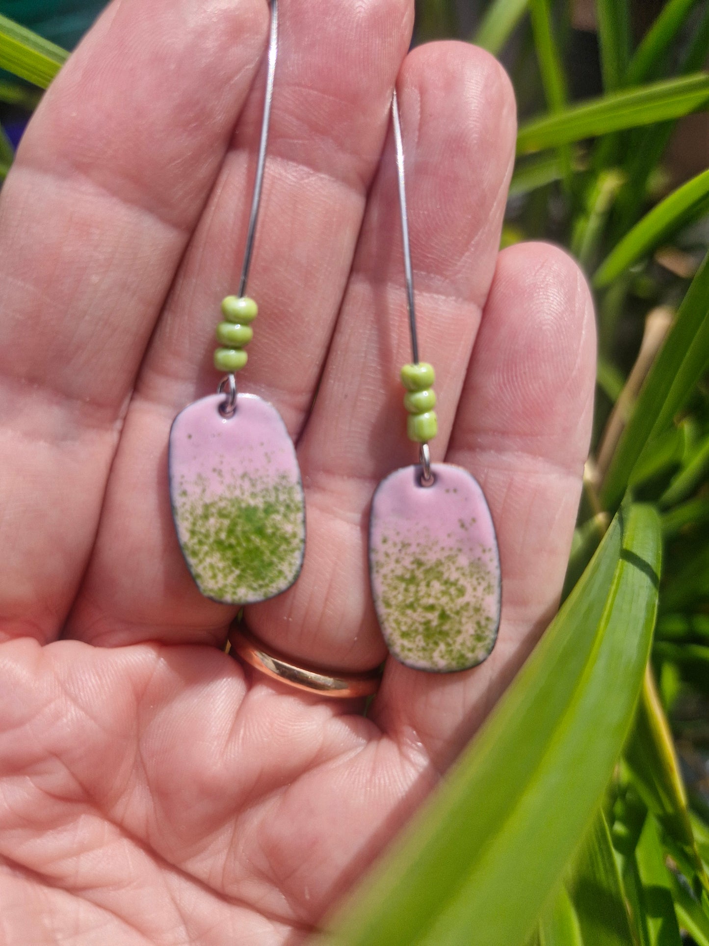 Lichen |Copper Enamel Drop Earrings | Pink & Green Speckled Handmade Earrings | Handmade in Ireland