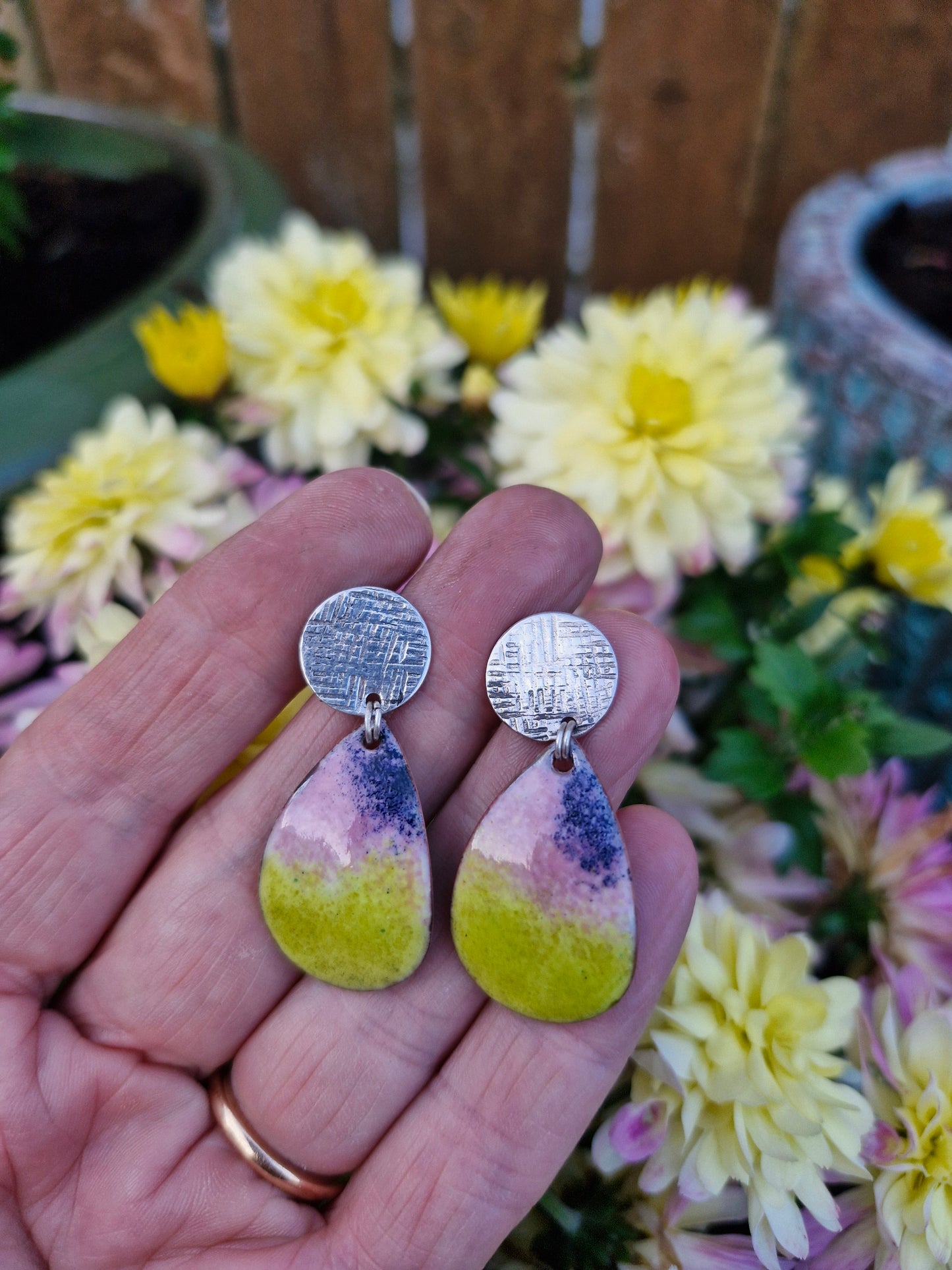 Handmade Irish Jewellery | Hand Crafted Textile Sterling Silver Posts & Enamel Teardrop Earrings