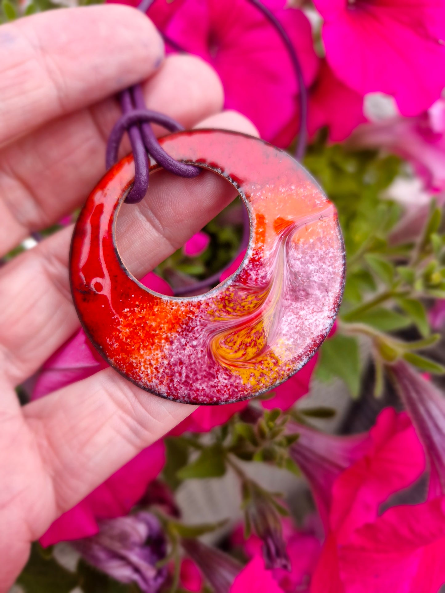 Handmade Irish Jewellery – Céilí Enamel Copper Pendant Necklace, Red & Pink Sunset
