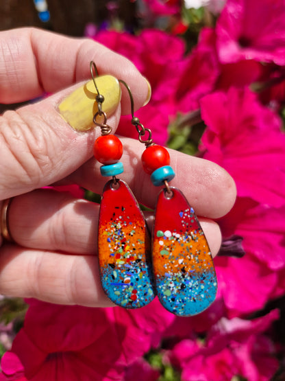Lumi Élise - Copper Enamel Drop Earrings | Red, Orange & Teal Blue | Handmade in Ireland