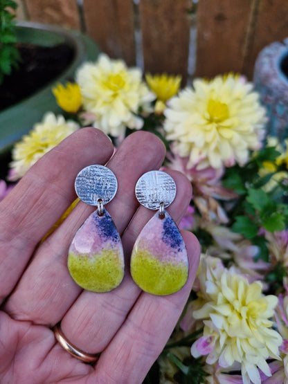 Handmade Irish Jewellery | Hand Crafted Textile Sterling Silver Posts & Enamel Teardrop Earrings