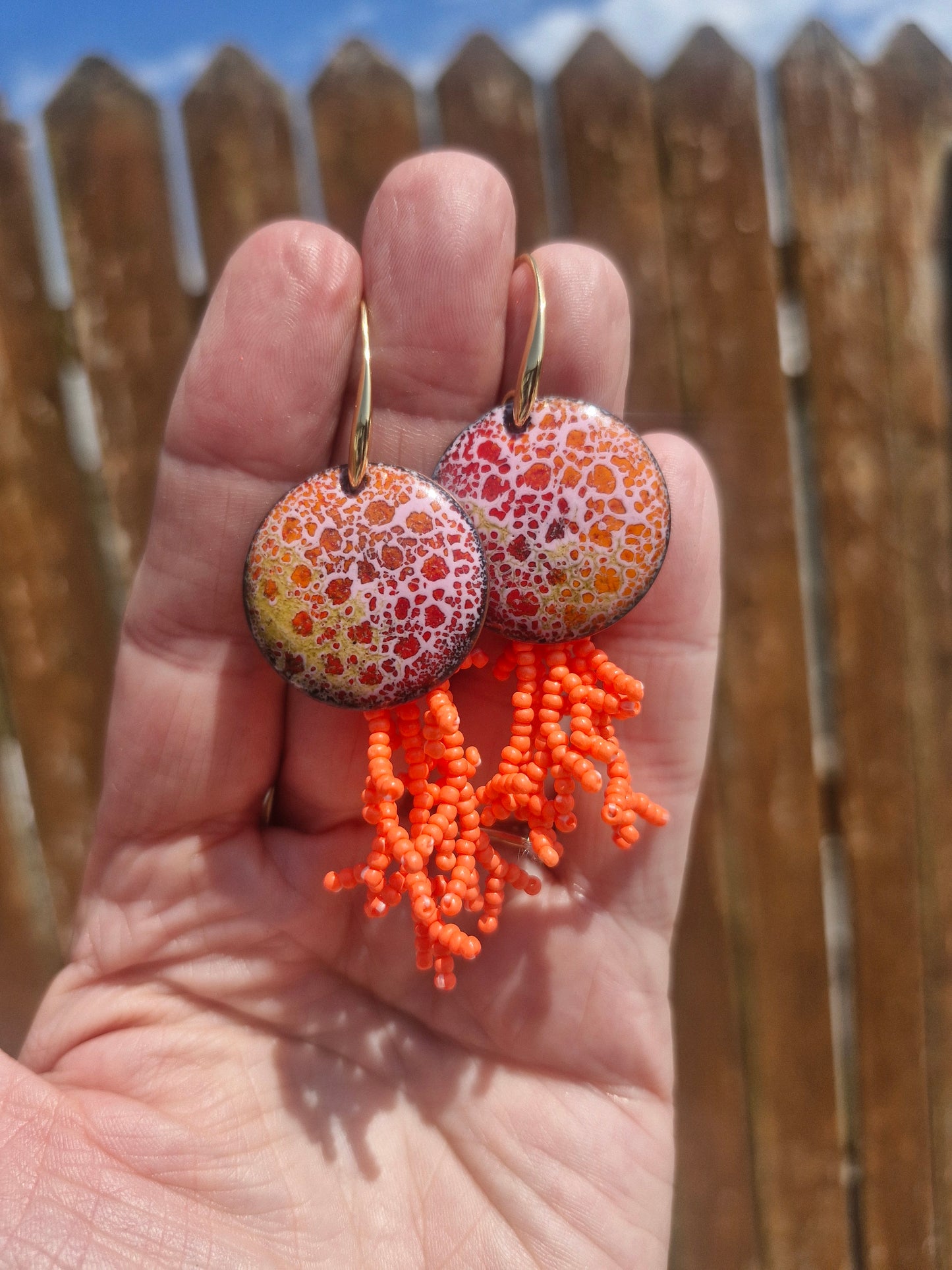 Coral Reef - Copper Enamel Drop Earrings |  Coral | Handmade in Ireland
