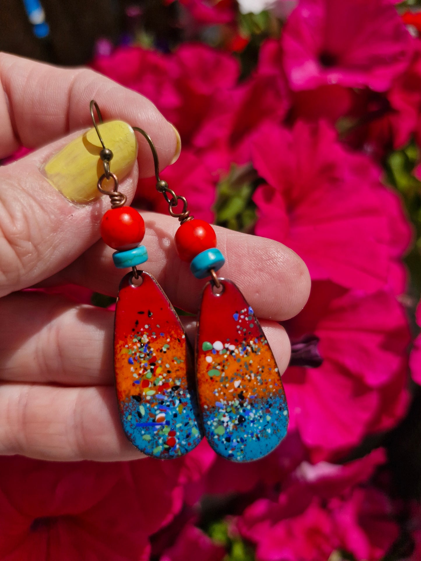 Lumi Élise - Copper Enamel Drop Earrings | Red, Orange & Teal Blue | Handmade in Ireland