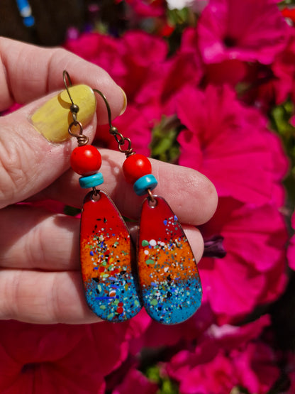 Lumi Élise - Copper Enamel Drop Earrings | Red, Orange & Teal Blue | Handmade in Ireland