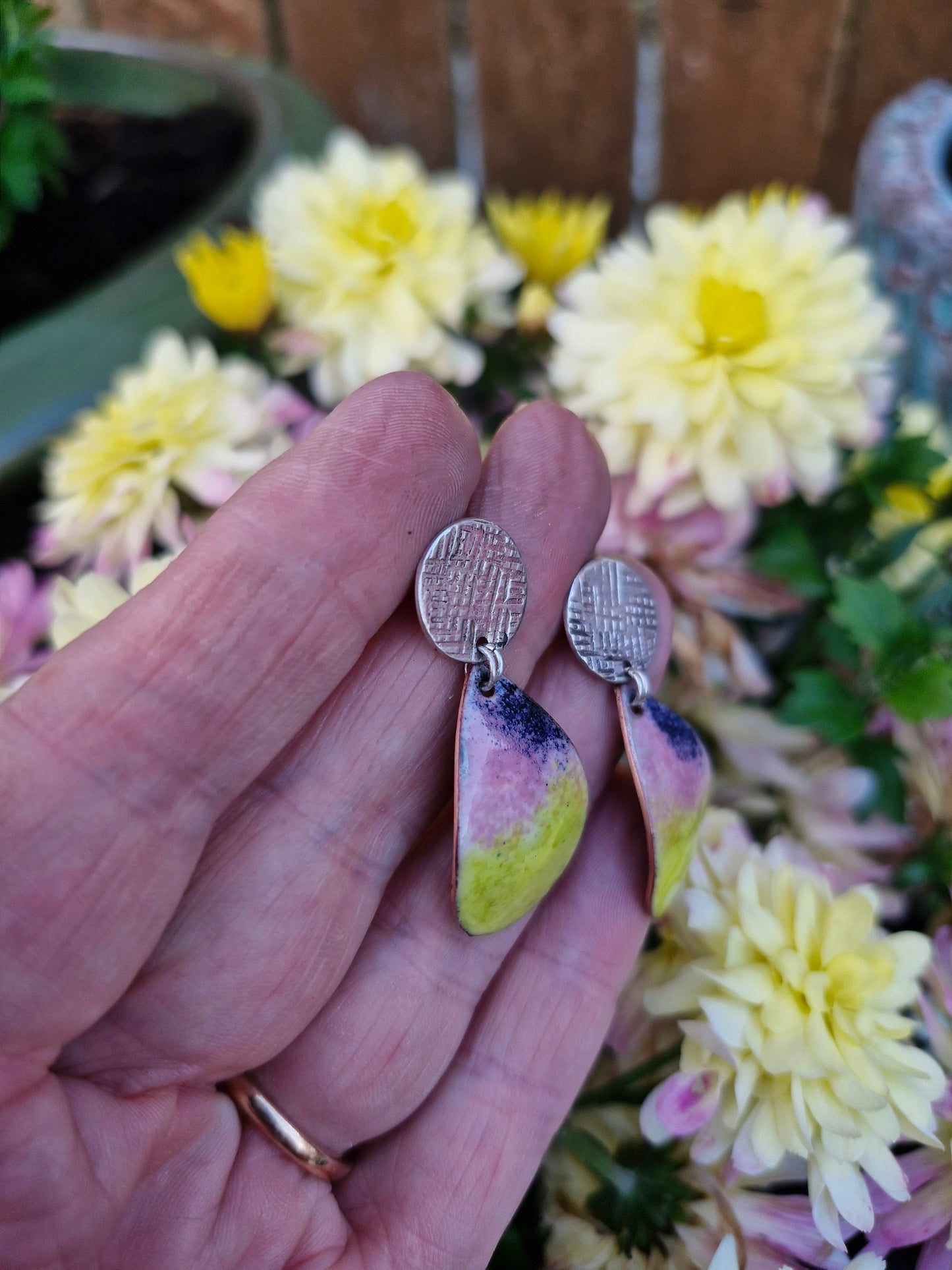 Handmade Irish Jewellery | Hand Crafted Textile Sterling Silver Posts & Enamel Teardrop Earrings