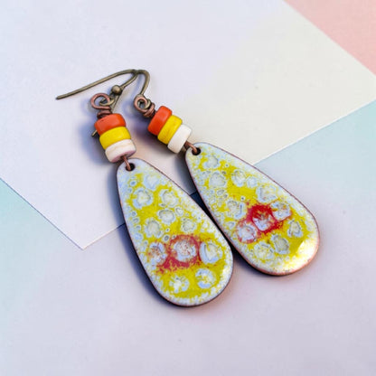 Élise - Copper Enamel Drop Earrings | Ivory, Red & Buttercup Yellow | Handmade in Ireland