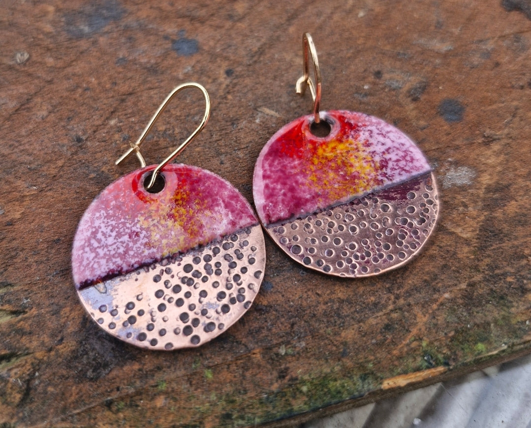 Handmade Irish Jewellery – Luisne Enamel Copper Earrings, Pink & Red Sunset Drops