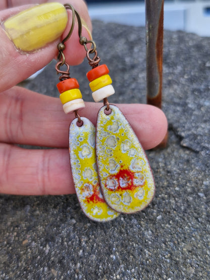 Élise - Copper Enamel Drop Earrings | Ivory, Red & Buttercup Yellow | Handmade in Ireland