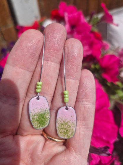 Lichen |Copper Enamel Drop Earrings | Pink & Green Speckled Handmade Earrings | Handmade in Ireland