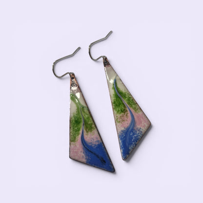 Handmade Irish Jewellery – Sonas Enamel Copper Earrings, Blue & Green Kite Drops