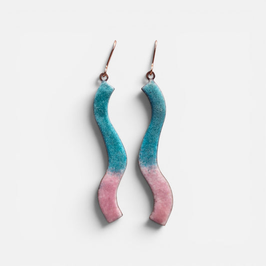 Wave - Copper Enamel Drop Earrings |  Turquoise and Pink | Handmade in Ireland