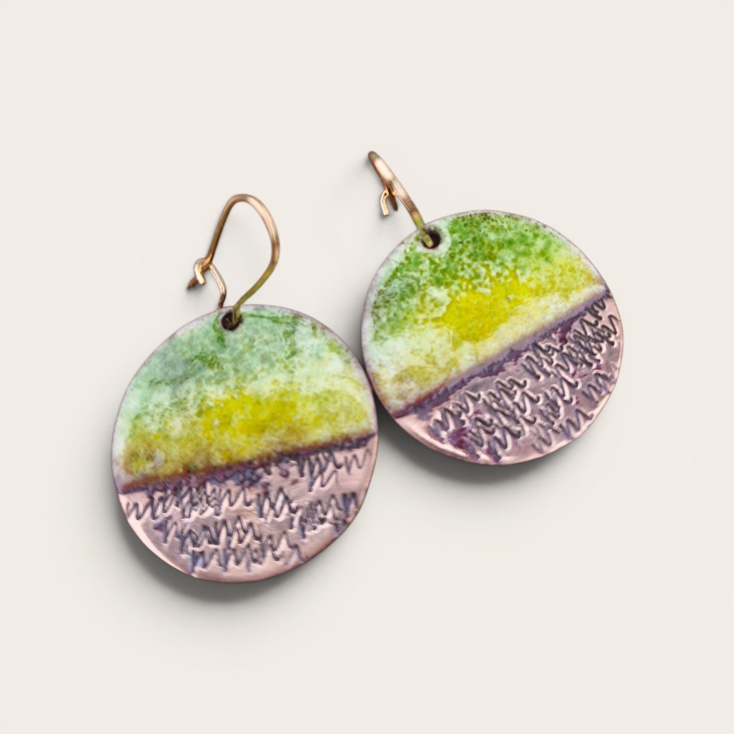 Móinéar Enamel Copper Earrings, Green & Yellow Textured Drops