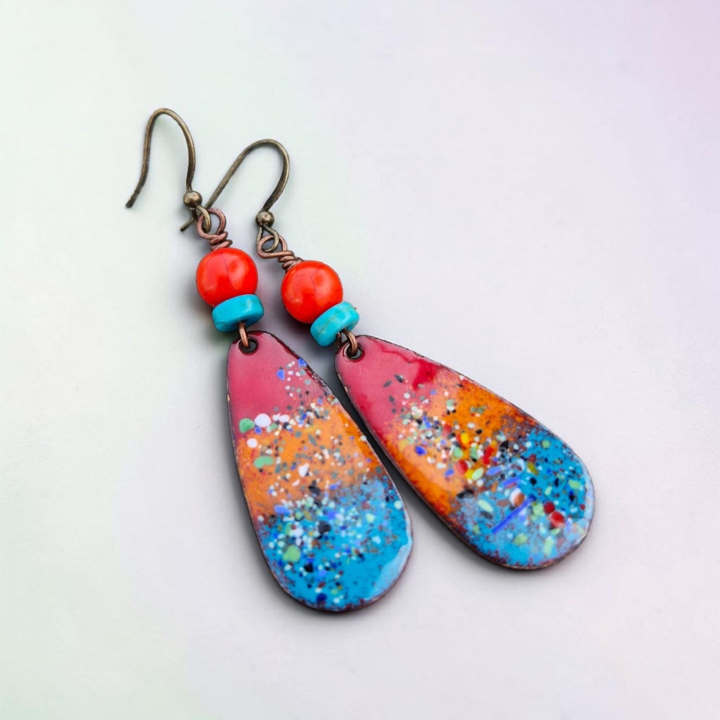 Lumi Élise - Copper Enamel Drop Earrings | Red, Orange & Teal Blue | Handmade in Ireland