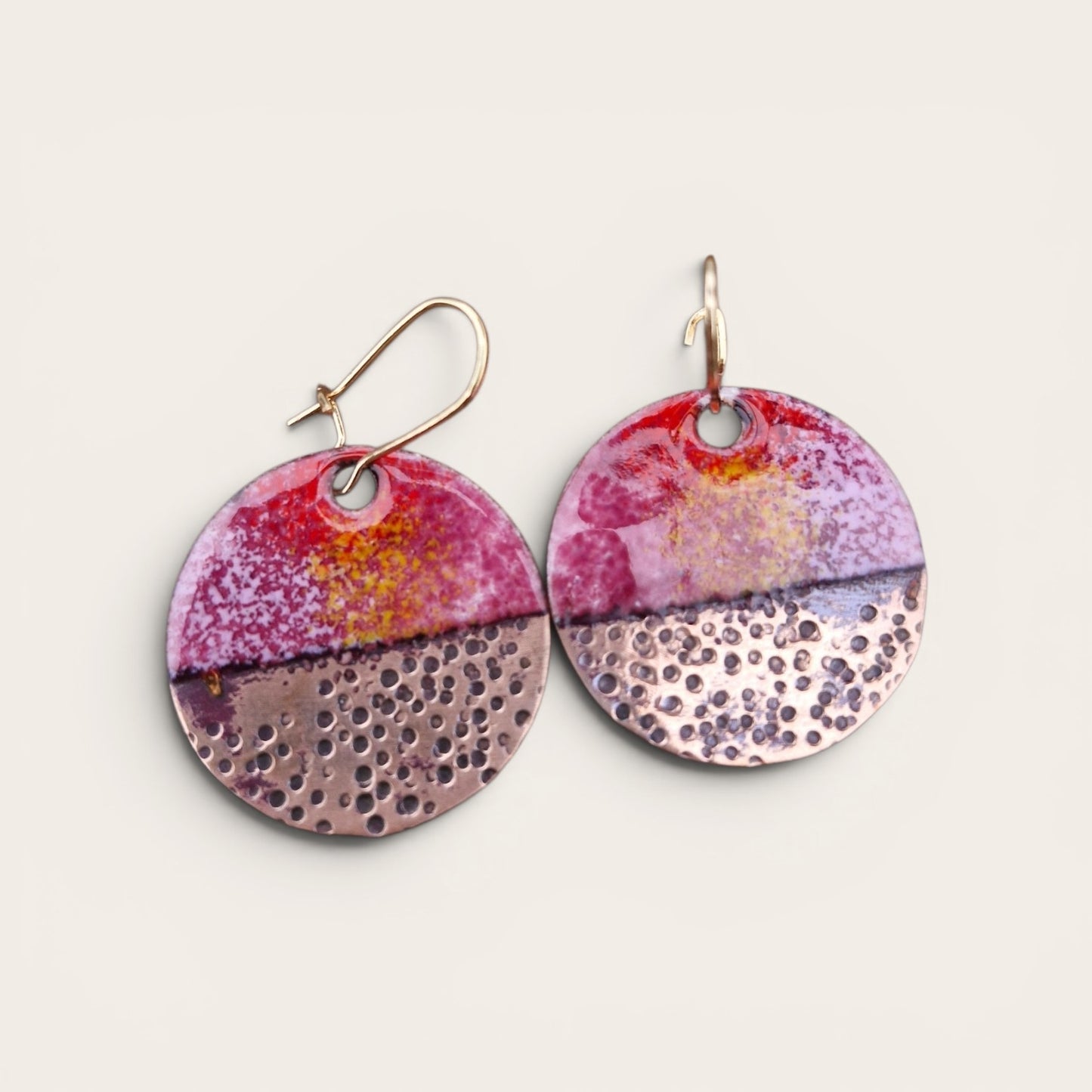 Handmade Irish Jewellery – Luisne Enamel Copper Earrings, Pink & Red Sunset Drops