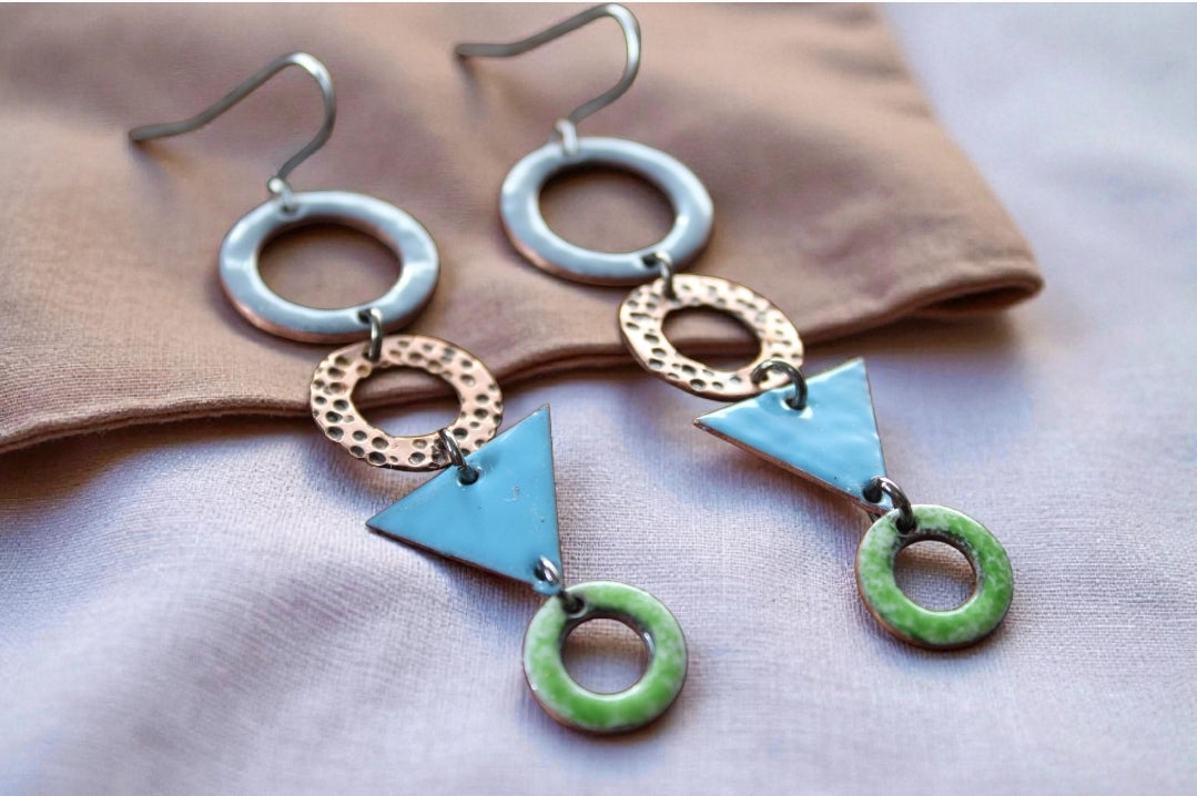 Geometric Enamel Drop Earrings | Blue Green Copper Enamel Statement Earrings | Handmade Irish Jewellery