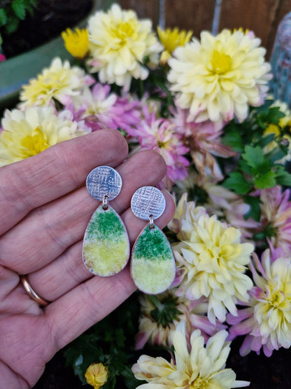 Handmade Irish Jewellery | Hand Crafted Textile Sterling Silver Posts & Enamel Teardrop Earrings