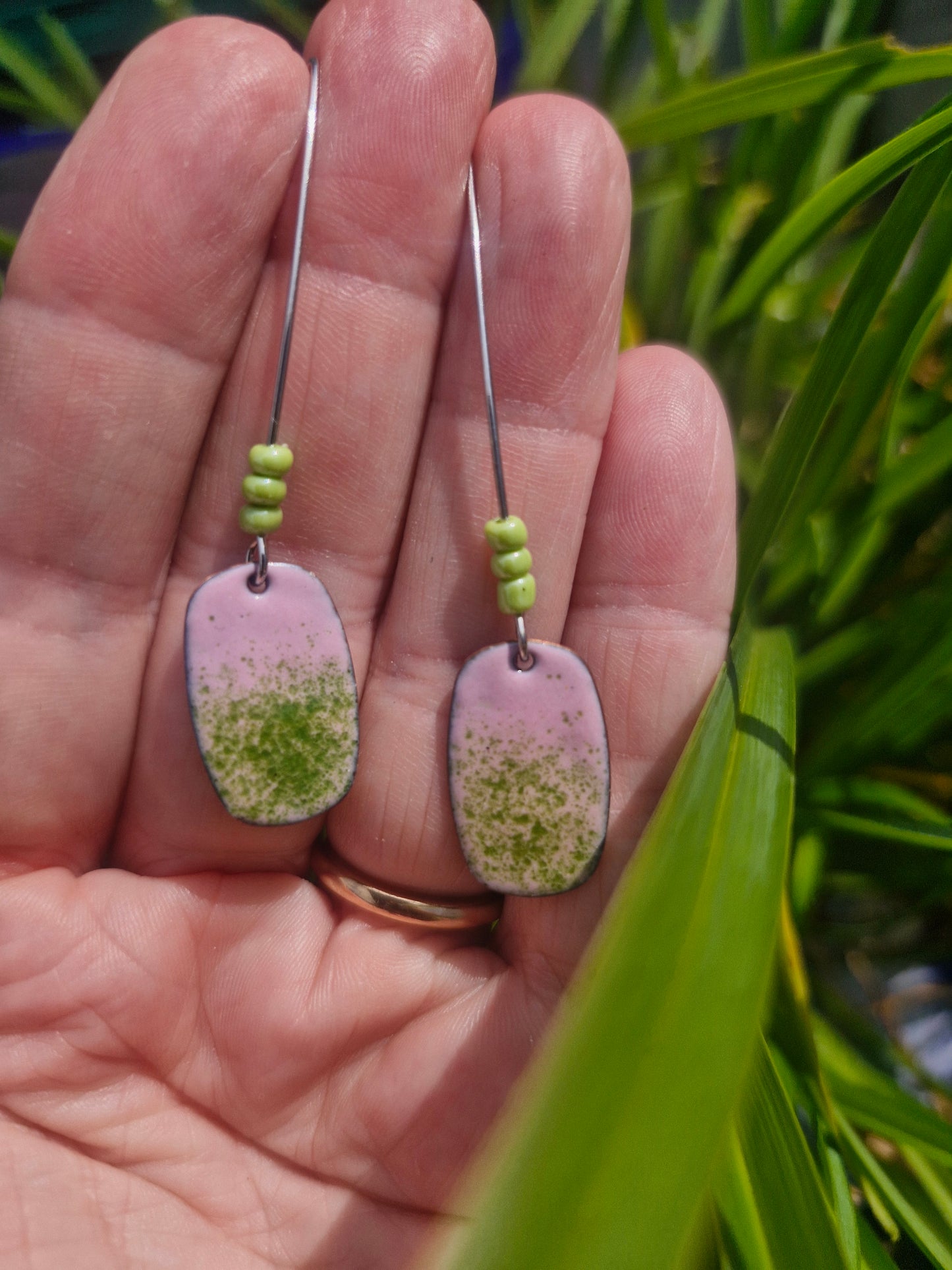 Lichen |Copper Enamel Drop Earrings | Pink & Green Speckled Handmade Earrings | Handmade in Ireland