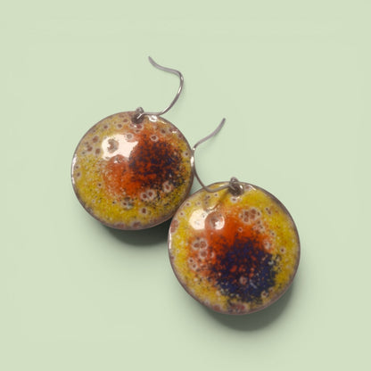 Batik-Inspired Disc Earrings | Yellow Orange Blue Enamel Copper Earrings | Handmade Irish Jewellery