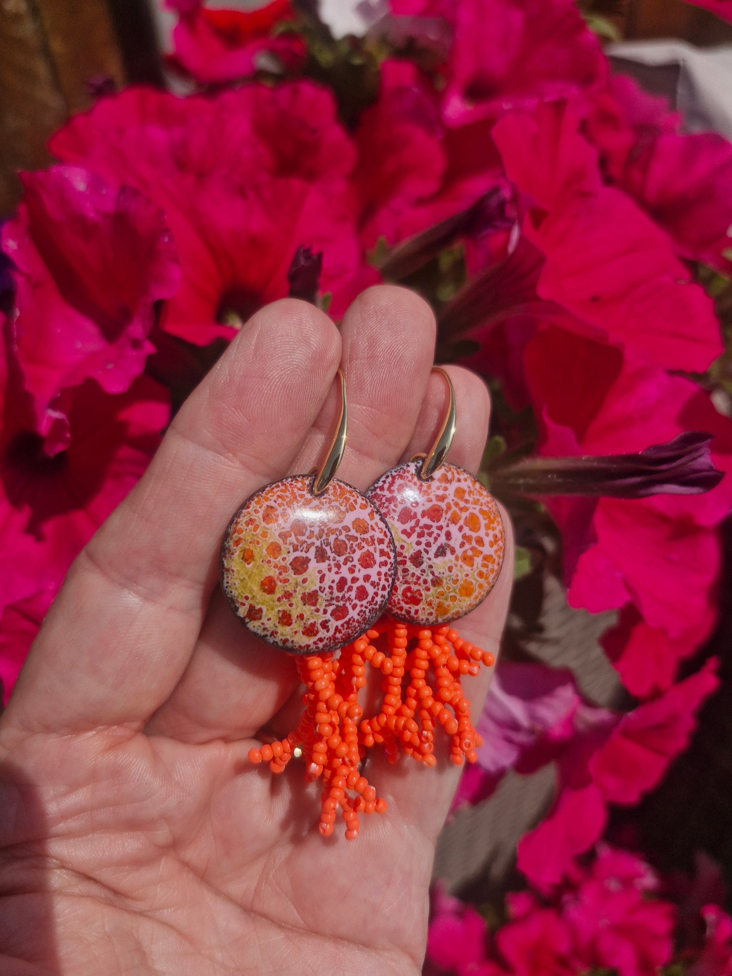Coral Reef - Copper Enamel Drop Earrings |  Coral | Handmade in Ireland