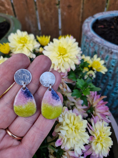 Handmade Irish Jewellery | Hand Crafted Textile Sterling Silver Posts & Enamel Teardrop Earrings