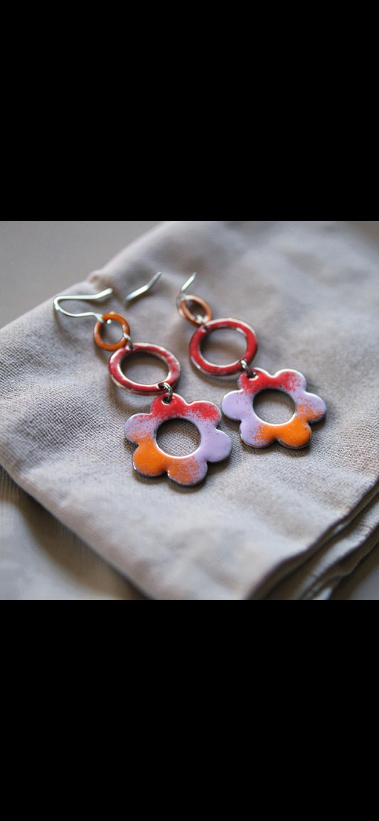 Daisy Enamel Drop Earrings | Red Orange Lilac Copper Enamel Flower Earrings | Handmade Irish Jewellery