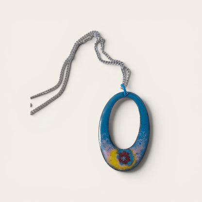 Copper Enamel Pendant Necklace | Teal Blue & Yellow | Handmade in Ireland