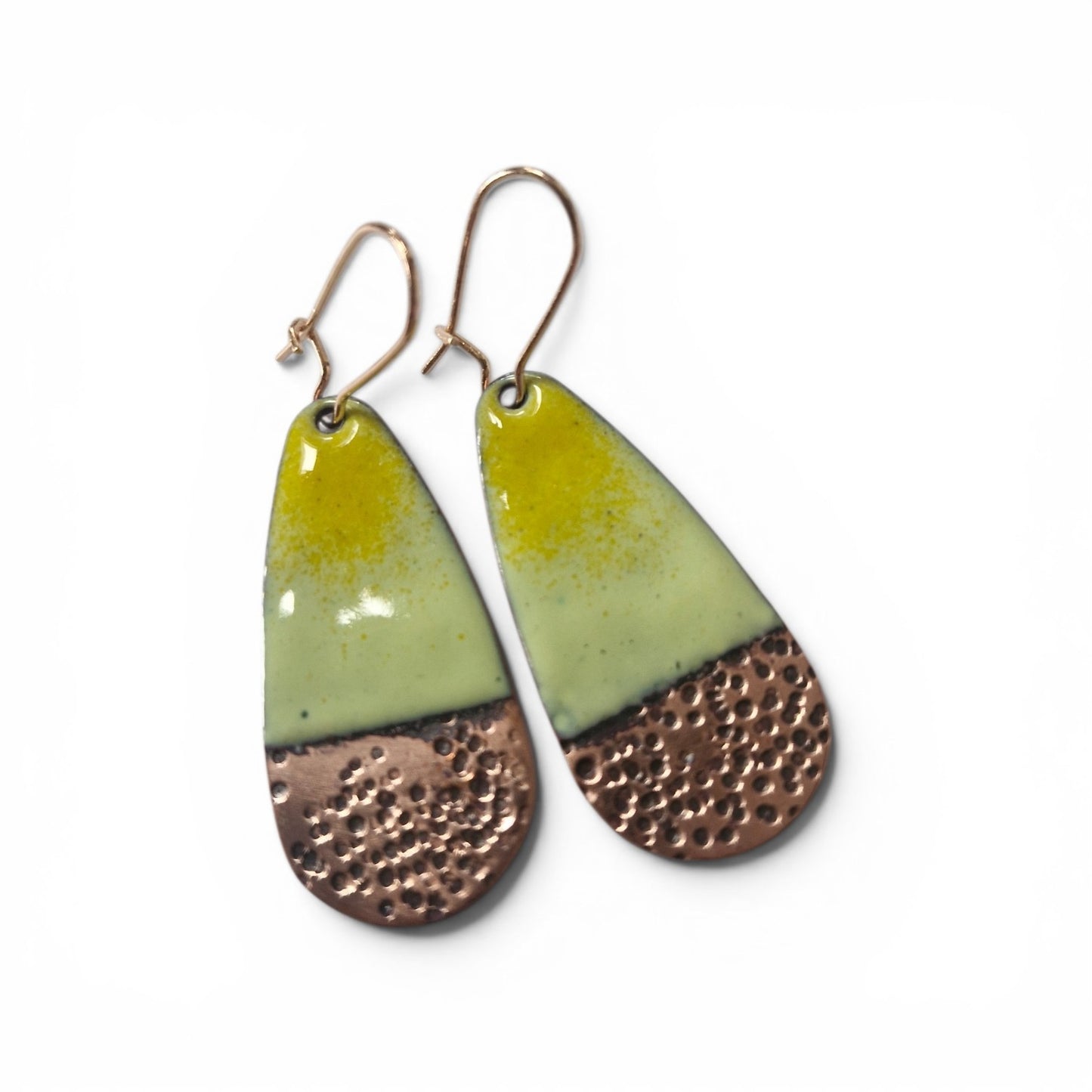 Handmade Irish Jewellery – Marigold Enamel Copper Earrings, Yellow & Green Teardrop Drops