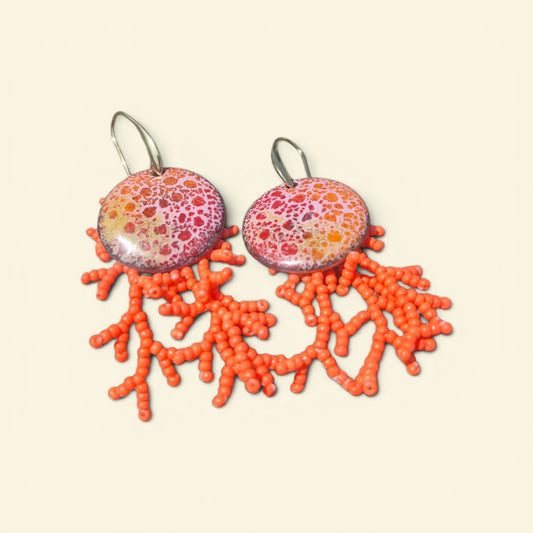 Coral Reef - Copper Enamel Drop Earrings |  Coral | Handmade in Ireland