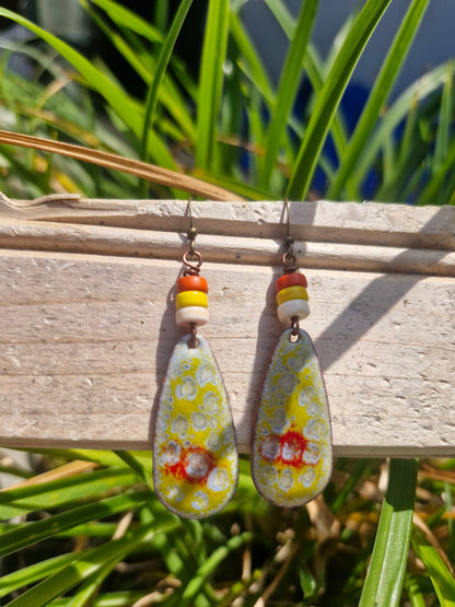 Élise - Copper Enamel Drop Earrings | Ivory, Red & Buttercup Yellow | Handmade in Ireland