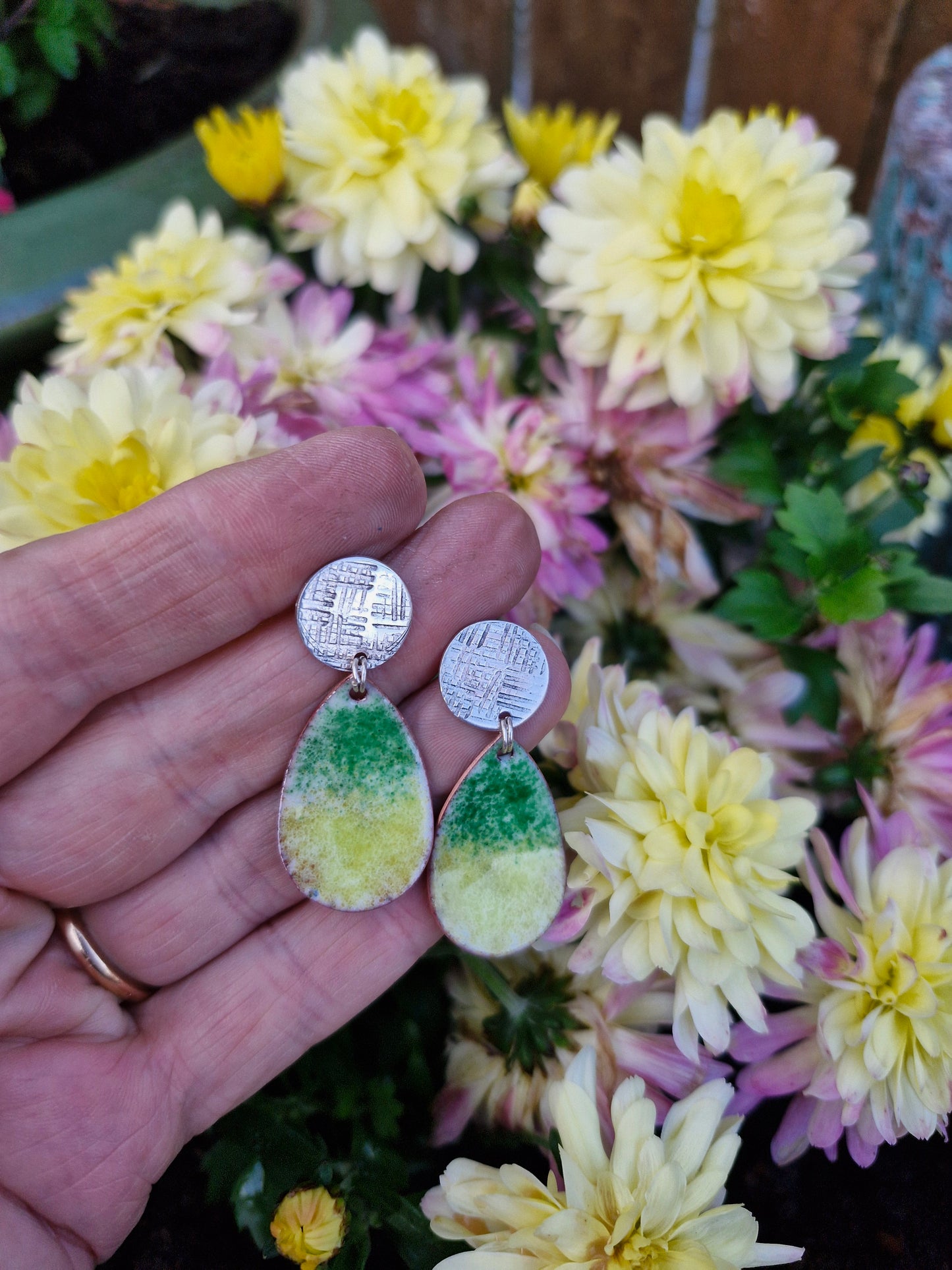 Handmade Irish Jewellery | Hand Crafted Textile Sterling Silver Posts & Enamel Teardrop Earrings